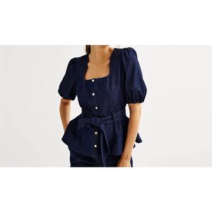 NWT Nine West Puff Sleeve Belted Squareneck Top Denim Color size S